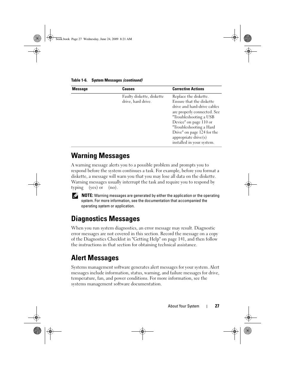 Warning messages, Diagnostics messages, Alert messages | Dell PowerEdge T100 User Manual | Page 27 / 160