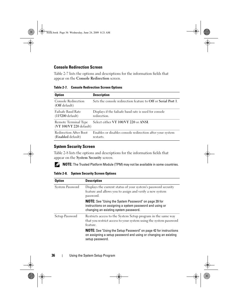 Console redirection screen, System security screen | Dell PowerEdge T100 User Manual | Page 36 / 160
