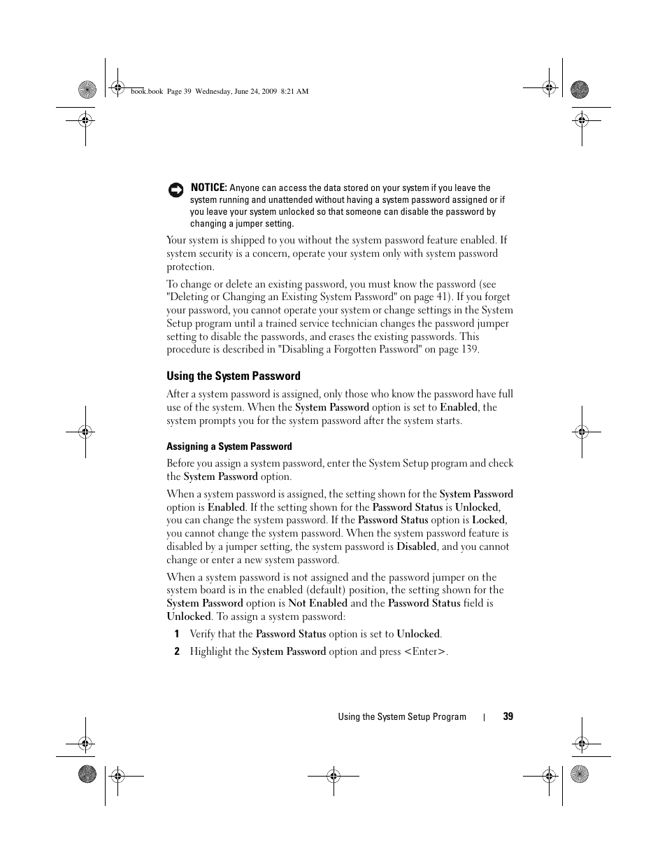 Using the system password | Dell PowerEdge T100 User Manual | Page 39 / 160