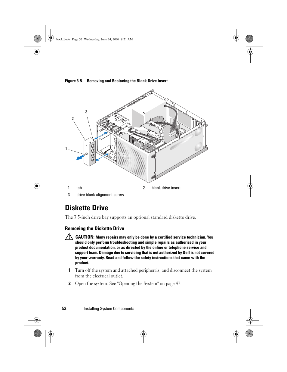 Diskette drive, Removing the diskette drive | Dell PowerEdge T100 User Manual | Page 52 / 160