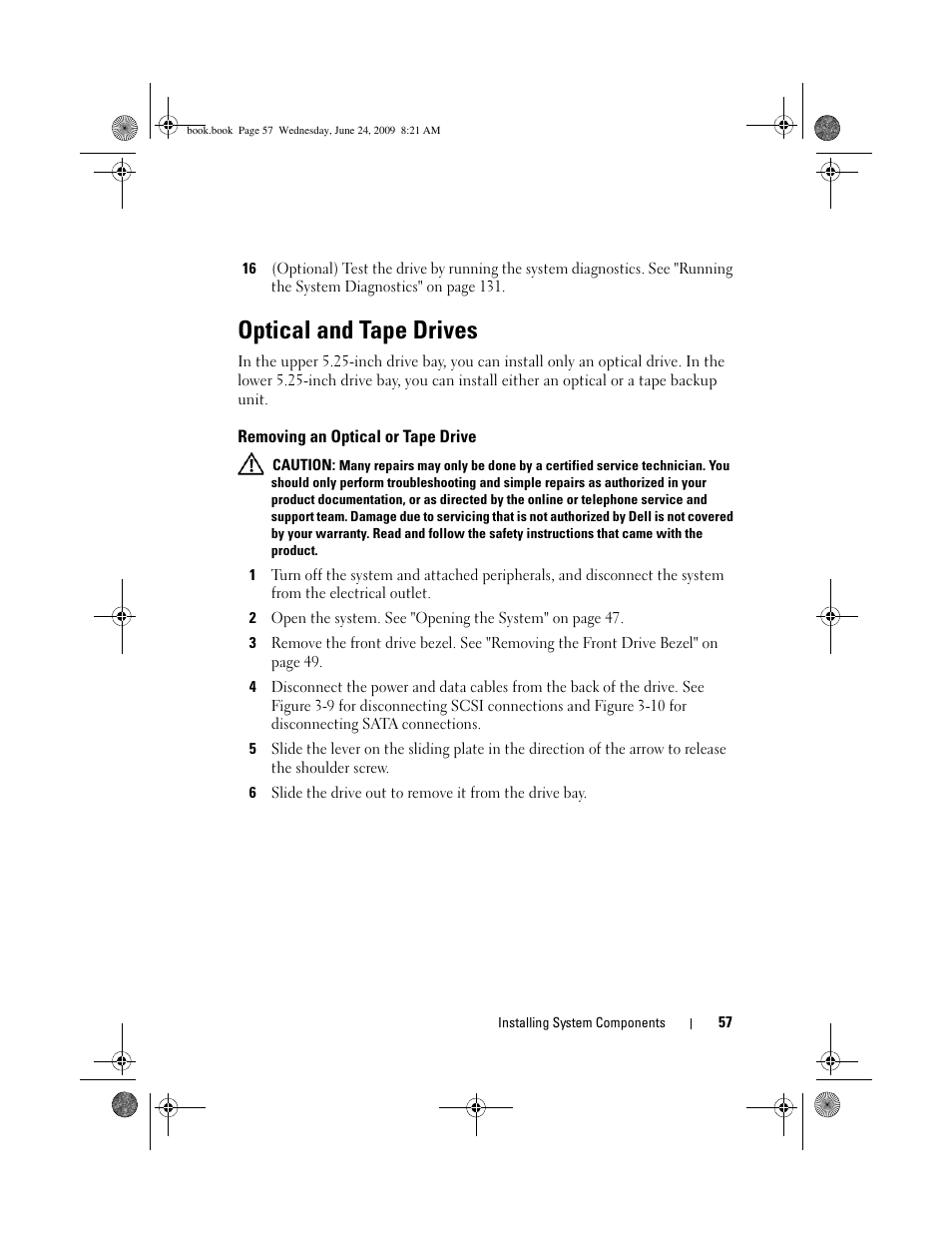 Optical and tape drives, Removing an optical or tape drive | Dell PowerEdge T100 User Manual | Page 57 / 160