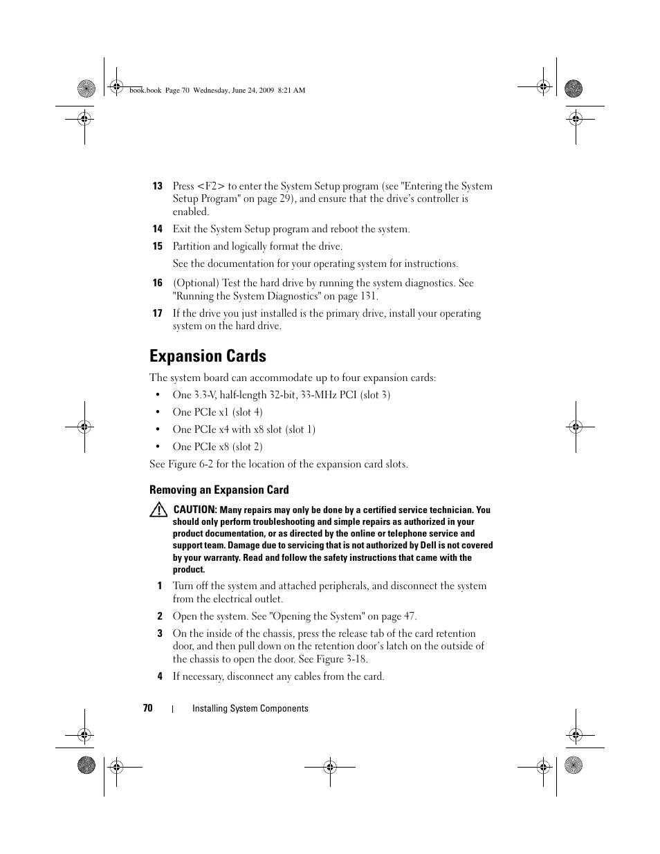 Expansion cards, Removing an expansion card | Dell PowerEdge T100 User Manual | Page 70 / 160