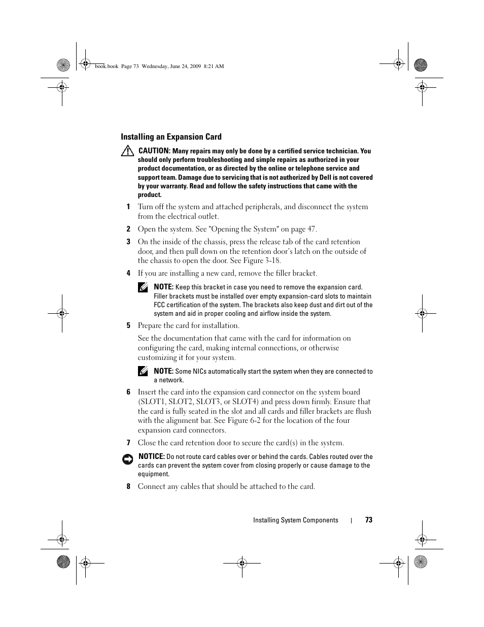 Installing an expansion card | Dell PowerEdge T100 User Manual | Page 73 / 160