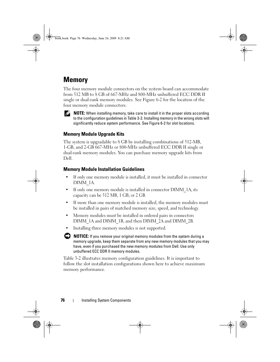 Memory, Memory module upgrade kits, Memory module installation guidelines | Dell PowerEdge T100 User Manual | Page 76 / 160