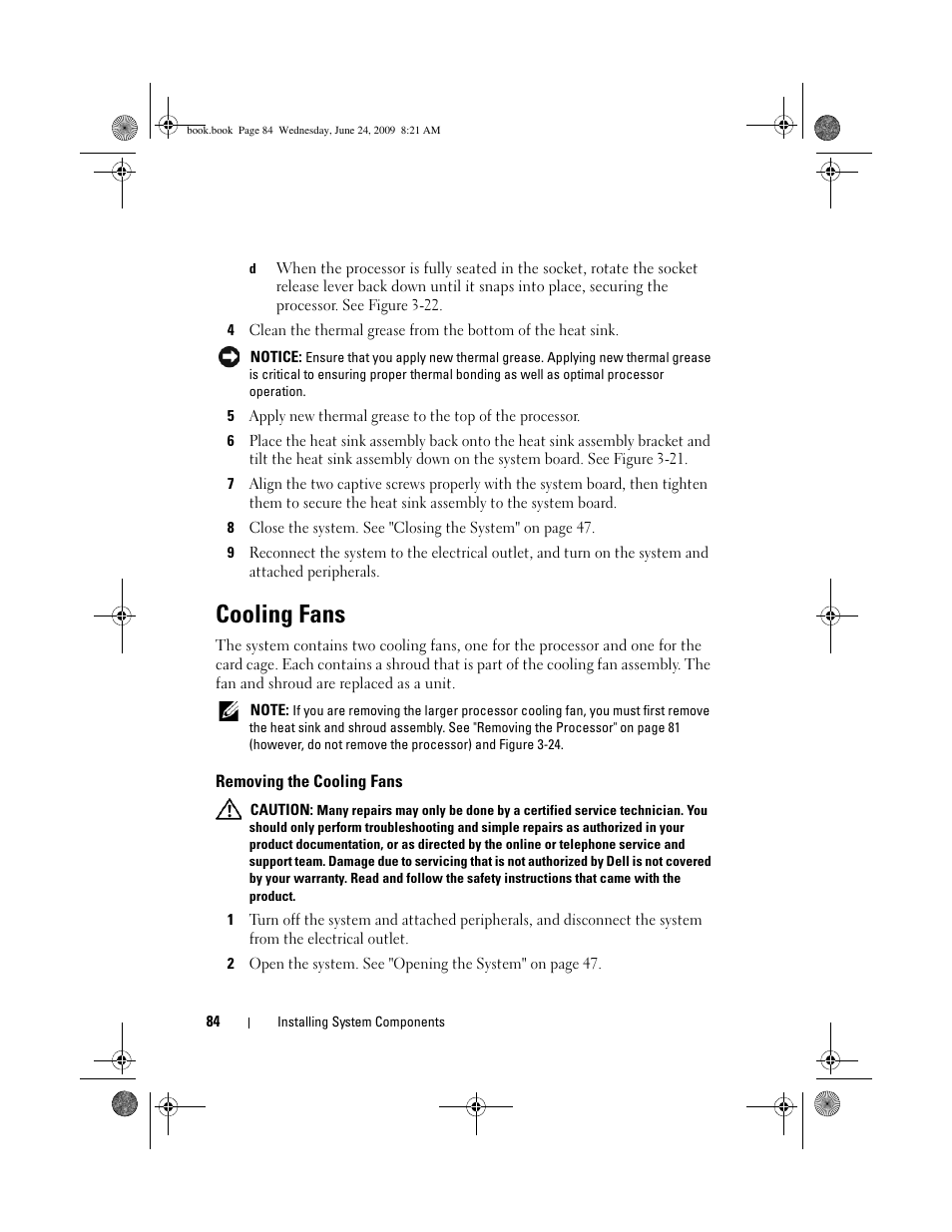 Cooling fans, Removing the cooling fans | Dell PowerEdge T100 User Manual | Page 84 / 160