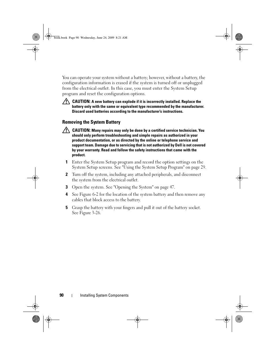 Removing the system battery | Dell PowerEdge T100 User Manual | Page 90 / 160