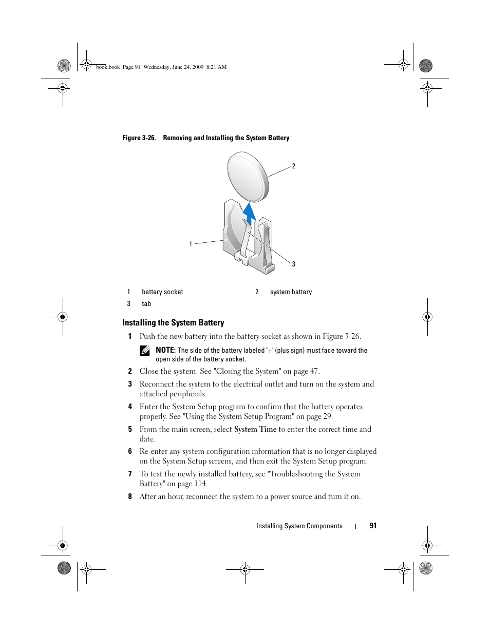 Installing the system battery, See figure 3-26 | Dell PowerEdge T100 User Manual | Page 91 / 160