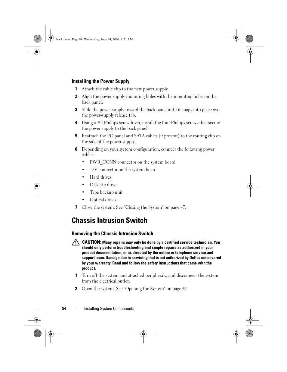 Installing the power supply, Chassis intrusion switch, Removing the chassis intrusion switch | Dell PowerEdge T100 User Manual | Page 94 / 160