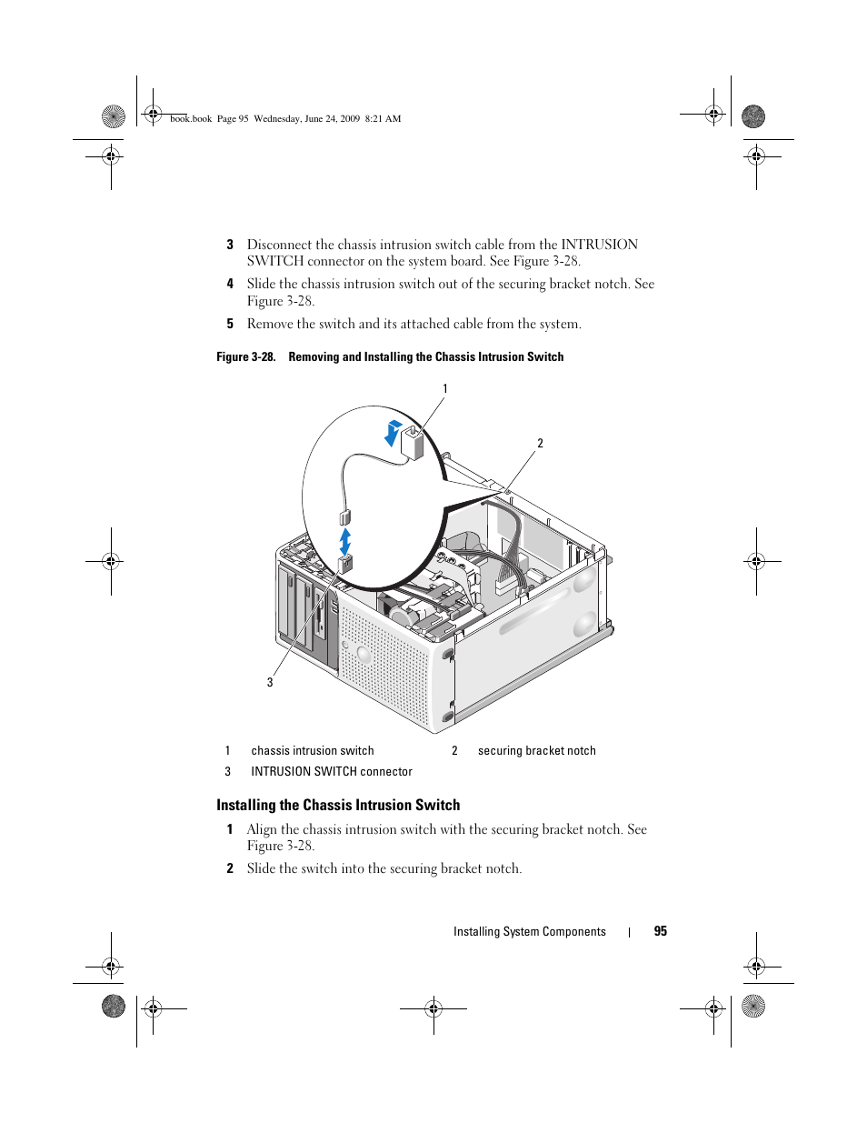 Installing the chassis intrusion switch | Dell PowerEdge T100 User Manual | Page 95 / 160
