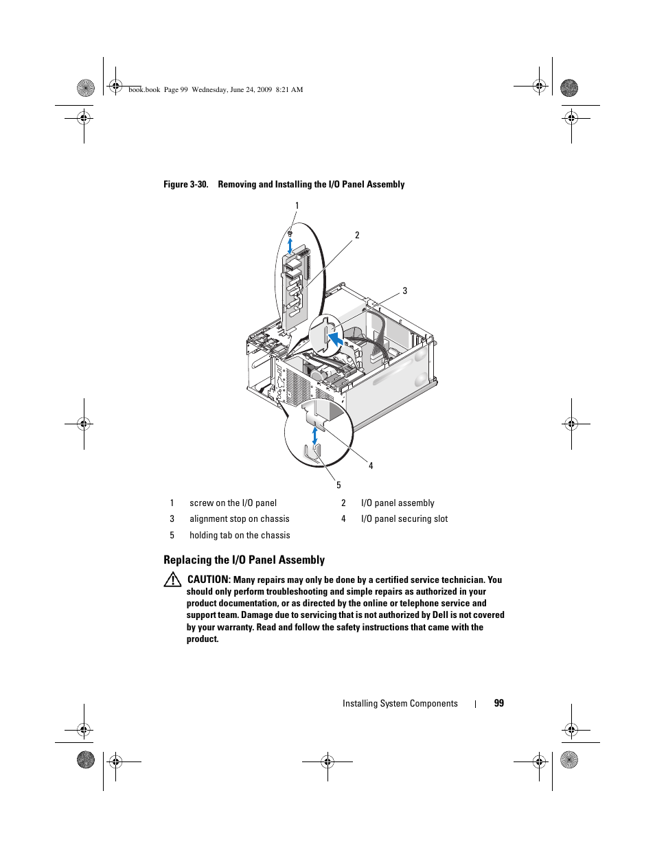 Replacing the i/o panel assembly | Dell PowerEdge T100 User Manual | Page 99 / 160