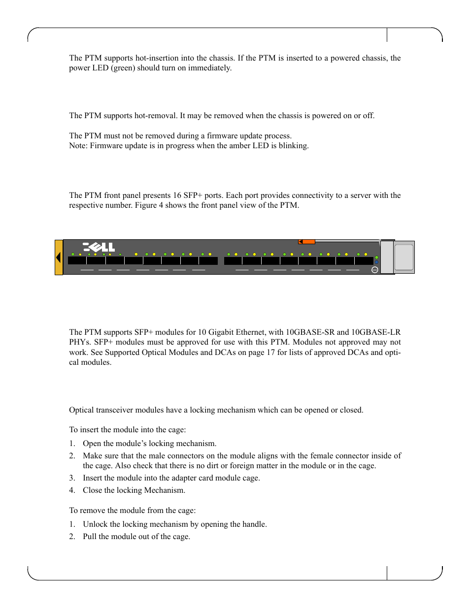2 ptm removal, 3 connecting the external ports, 1 10 gigabit ethernet sfp+ modules | Connecting the external ports, 10 gb ethernet pass through ii | Dell POWEREDGE M1000E User Manual | Page 9 / 22