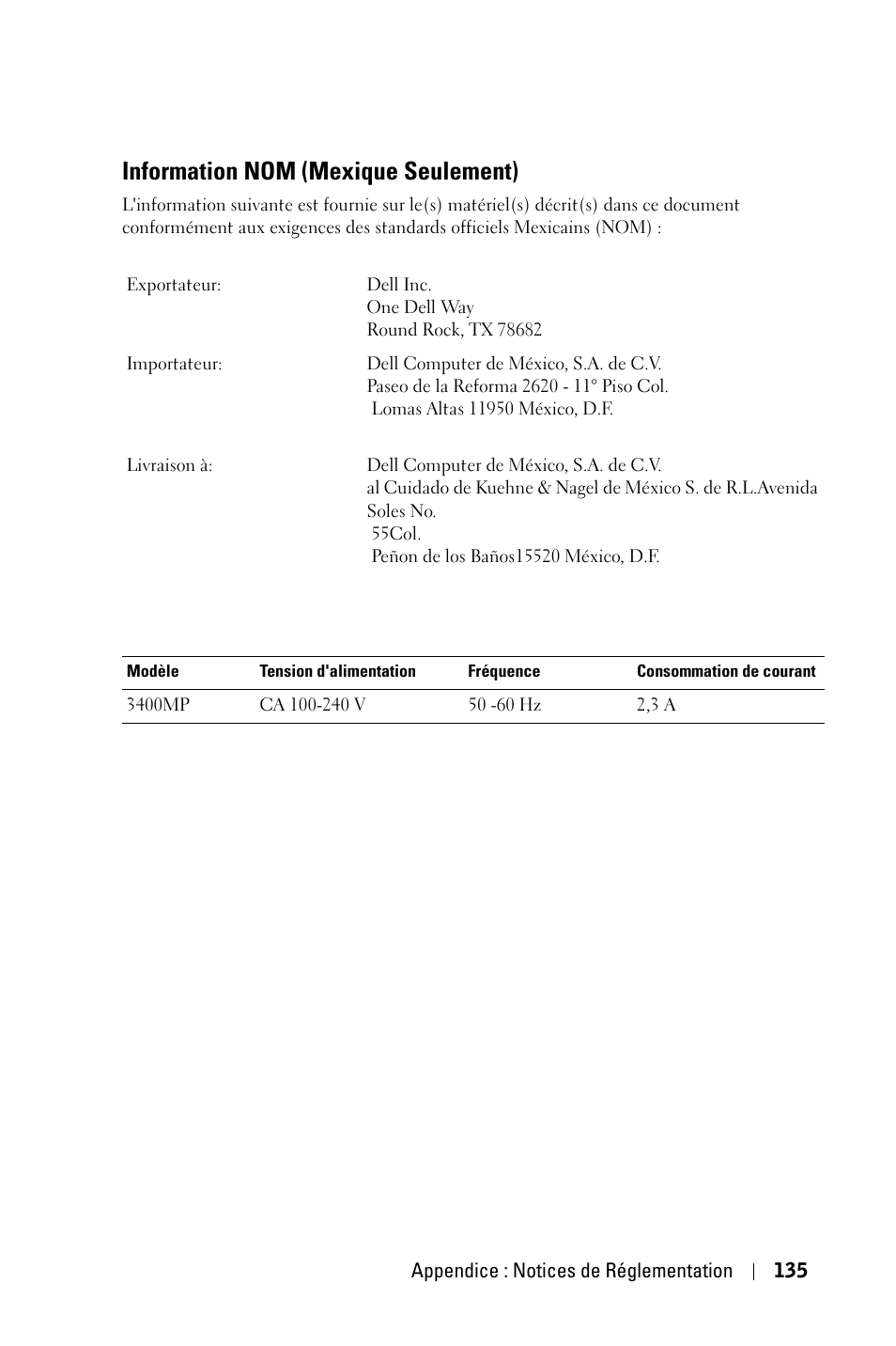 Information nom (mexique seulement) | Dell 3400MP Projector User Manual | Page 135 / 292