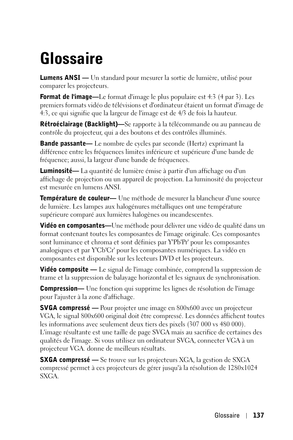 Glossaire | Dell 3400MP Projector User Manual | Page 137 / 292