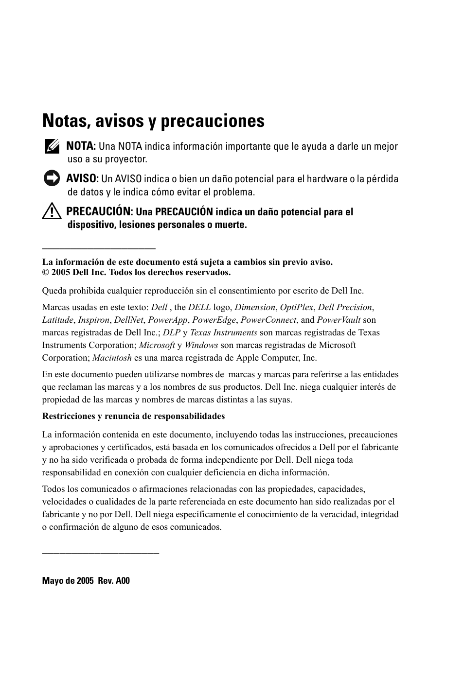 Notas, avisos y precauciones | Dell 3400MP Projector User Manual | Page 144 / 292