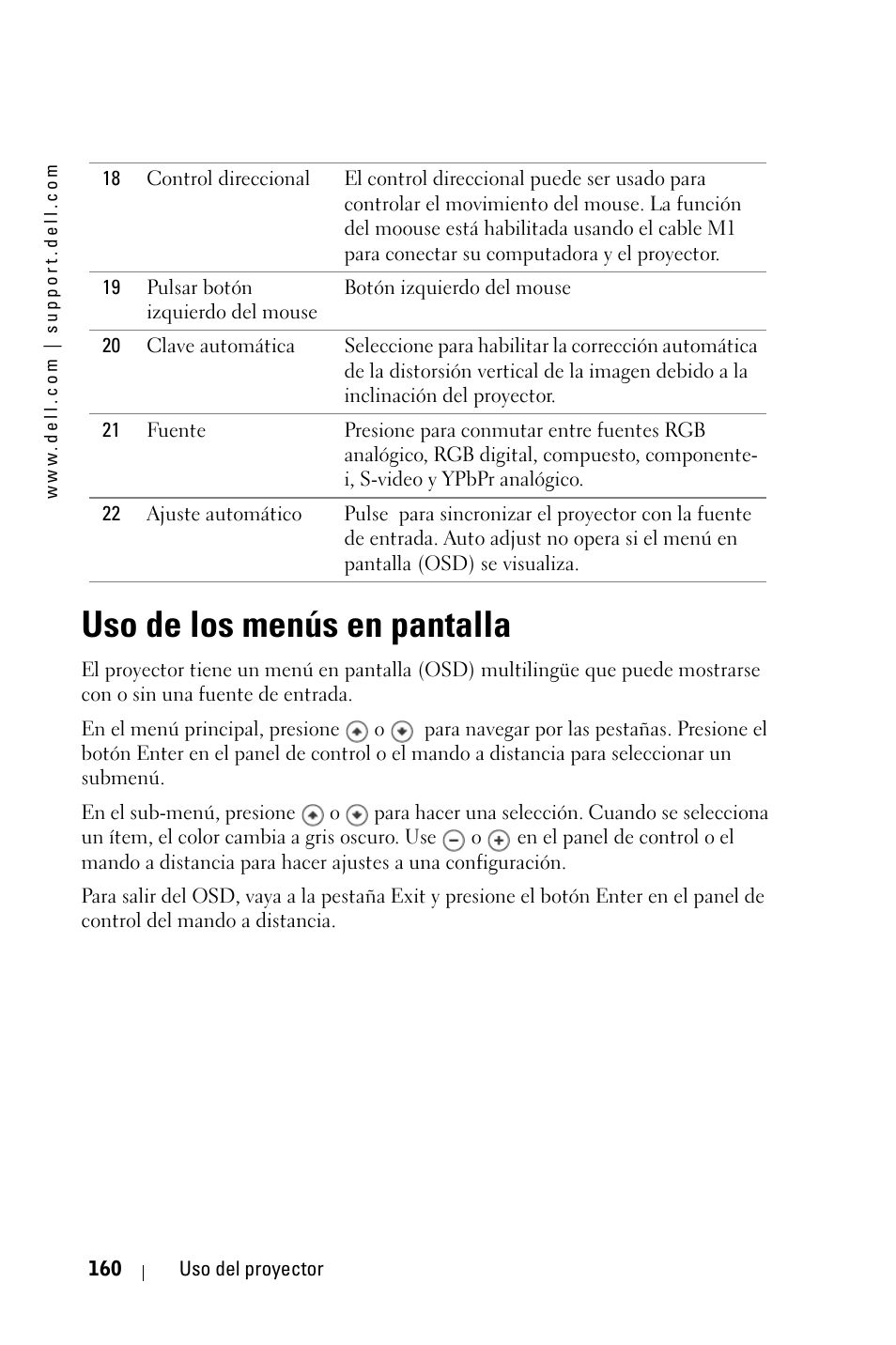 Uso de los menús en pantalla | Dell 3400MP Projector User Manual | Page 160 / 292