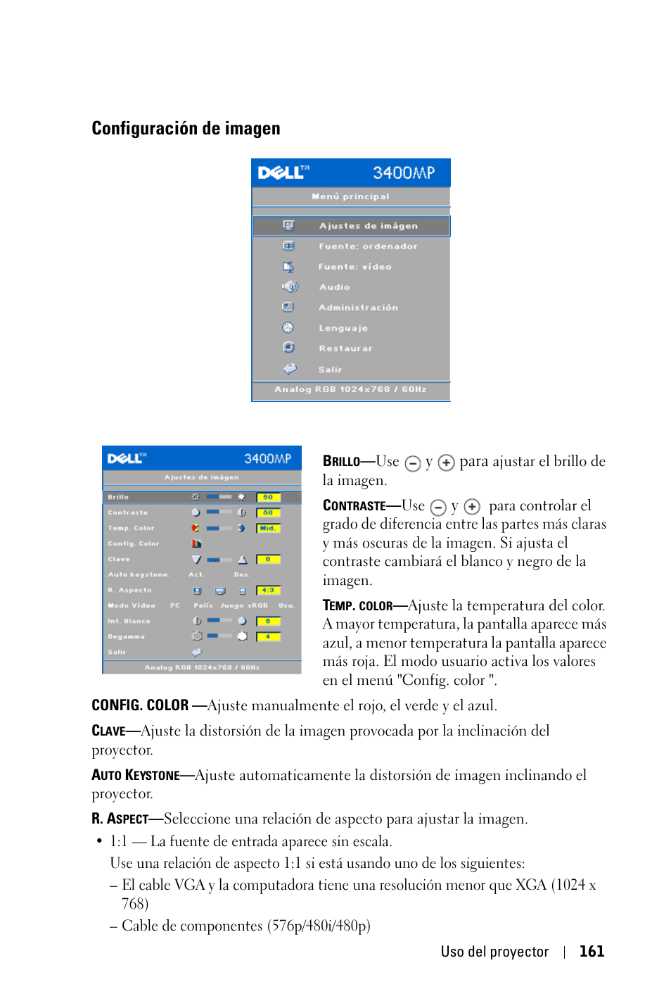 Configuración de imagen | Dell 3400MP Projector User Manual | Page 161 / 292