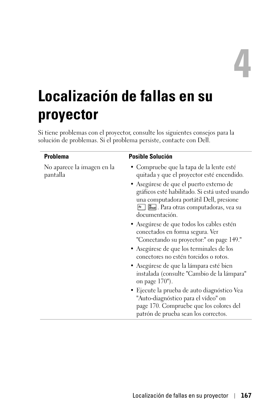 Localización de fallas en su proyector | Dell 3400MP Projector User Manual | Page 167 / 292