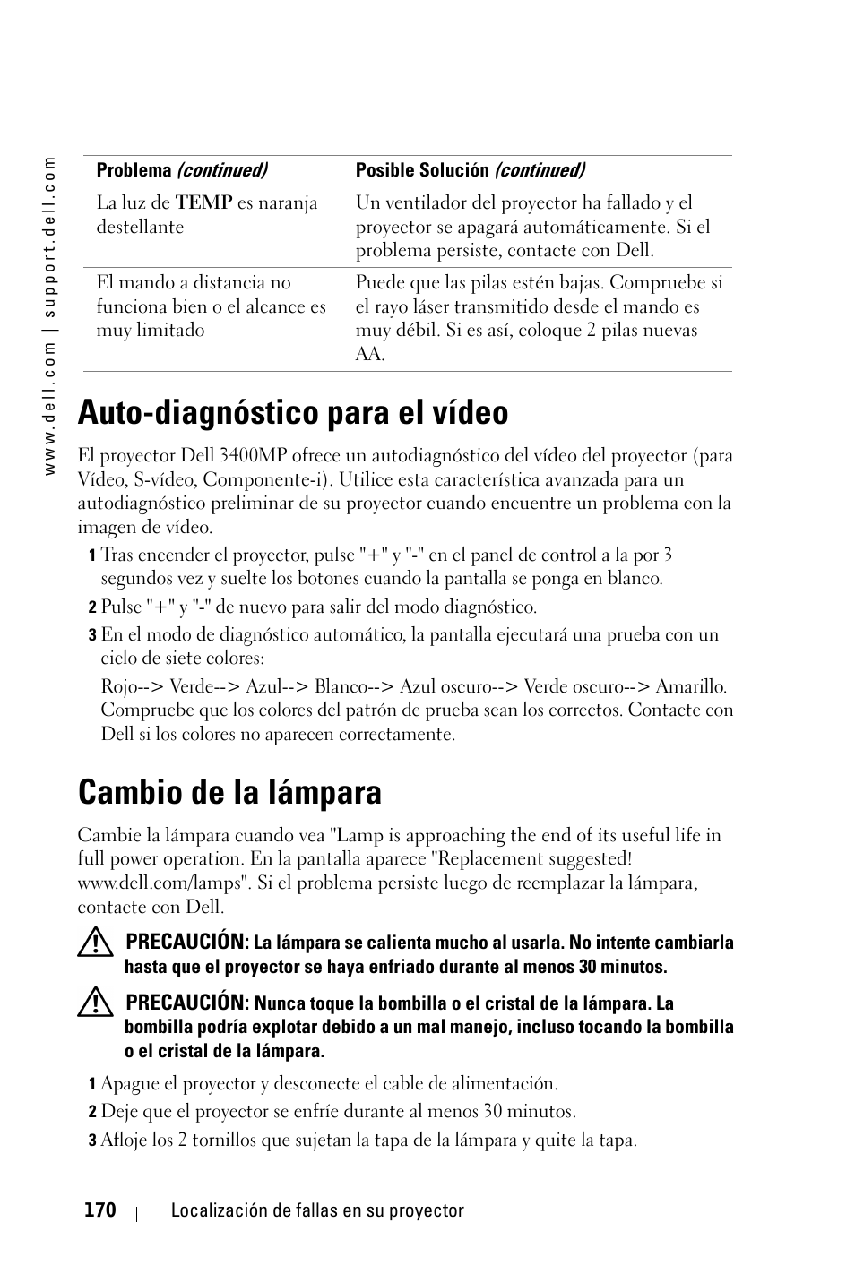 Auto-diagnóstico para el vídeo, Cambio de la lámpara, Lte "cambio de la lámpara | Auto-diagnóstico para el vídeo" on | Dell 3400MP Projector User Manual | Page 170 / 292