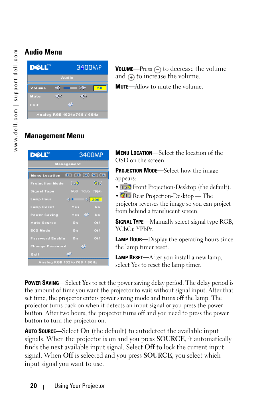 Audio menu, Management menu, Menu audio | Menu áudio | Dell 3400MP Projector User Manual | Page 20 / 292