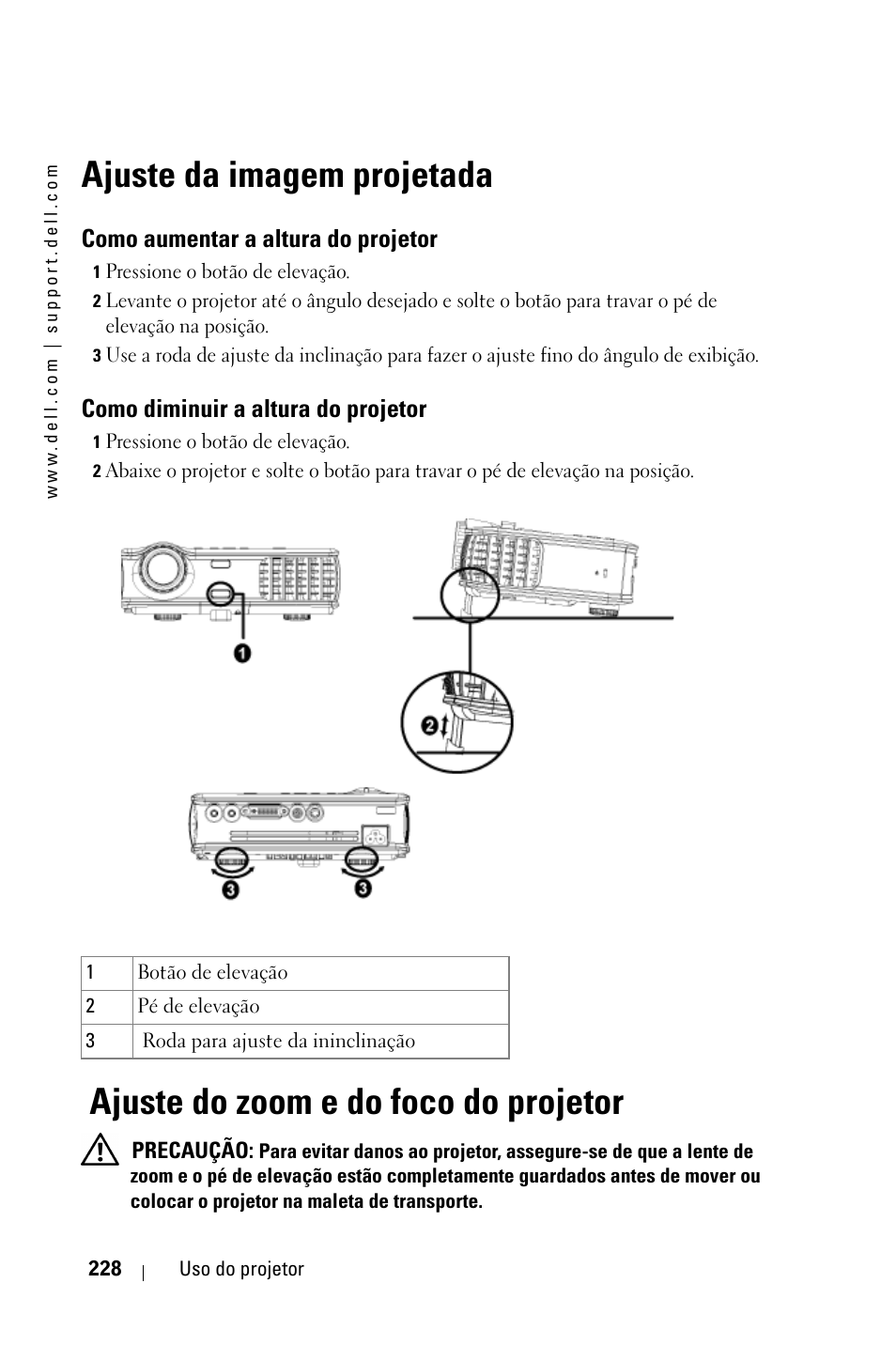 Ajuste da imagem projetada, Como aumentar a altura do projetor, Ajuste do zoom e do foco do projetor | Como diminuir a altura do projetor | Dell 3400MP Projector User Manual | Page 228 / 292