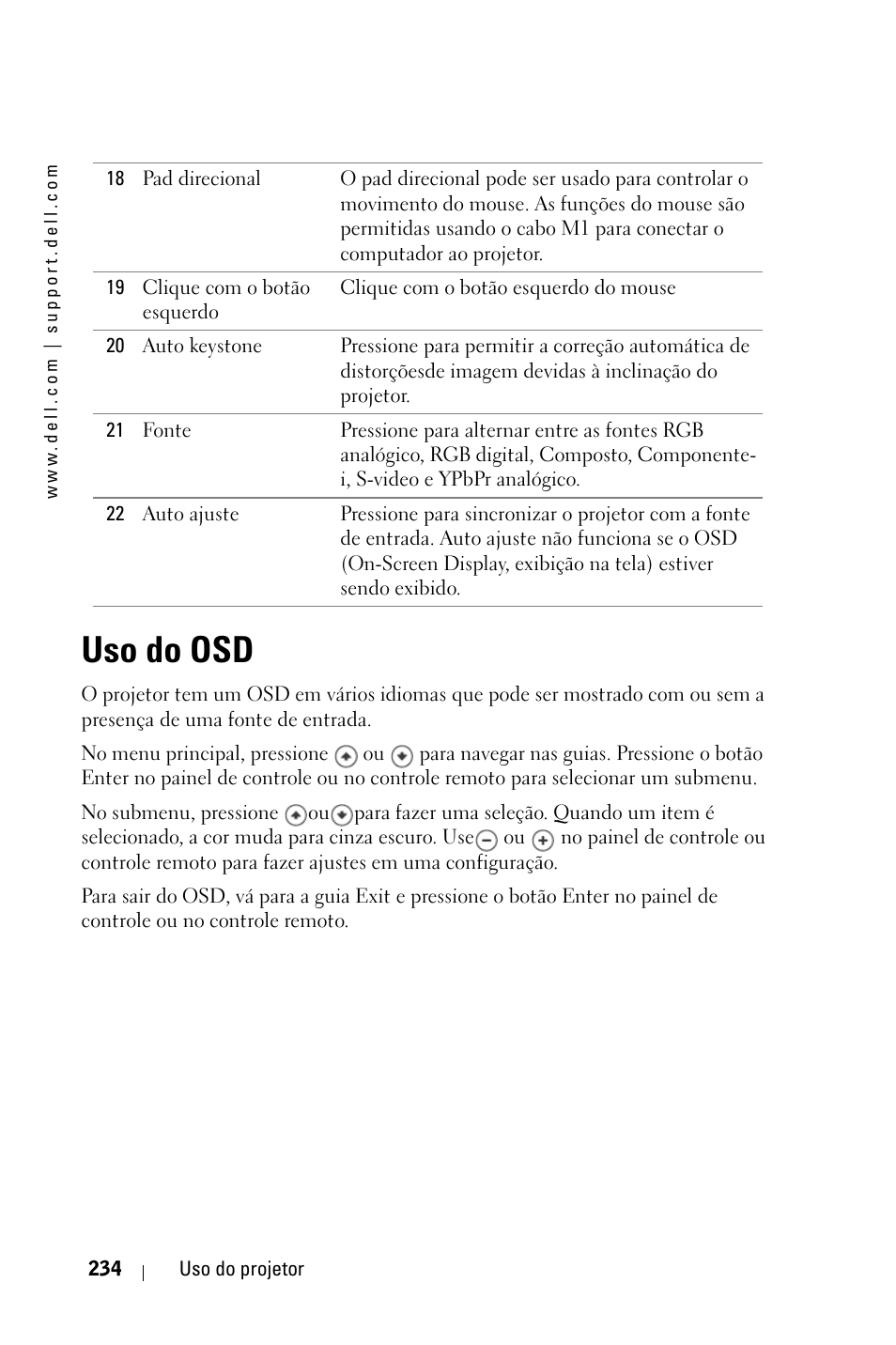 Uso do osd | Dell 3400MP Projector User Manual | Page 234 / 292