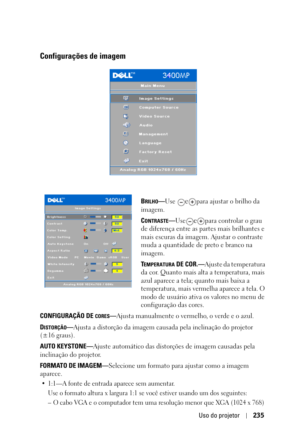 Configurações de imagem | Dell 3400MP Projector User Manual | Page 235 / 292