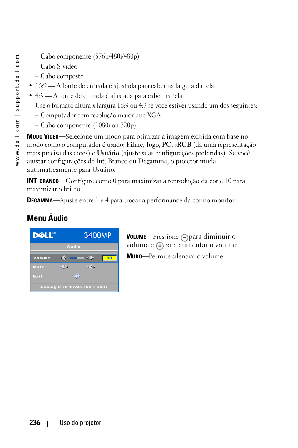 Menu áudio | Dell 3400MP Projector User Manual | Page 236 / 292