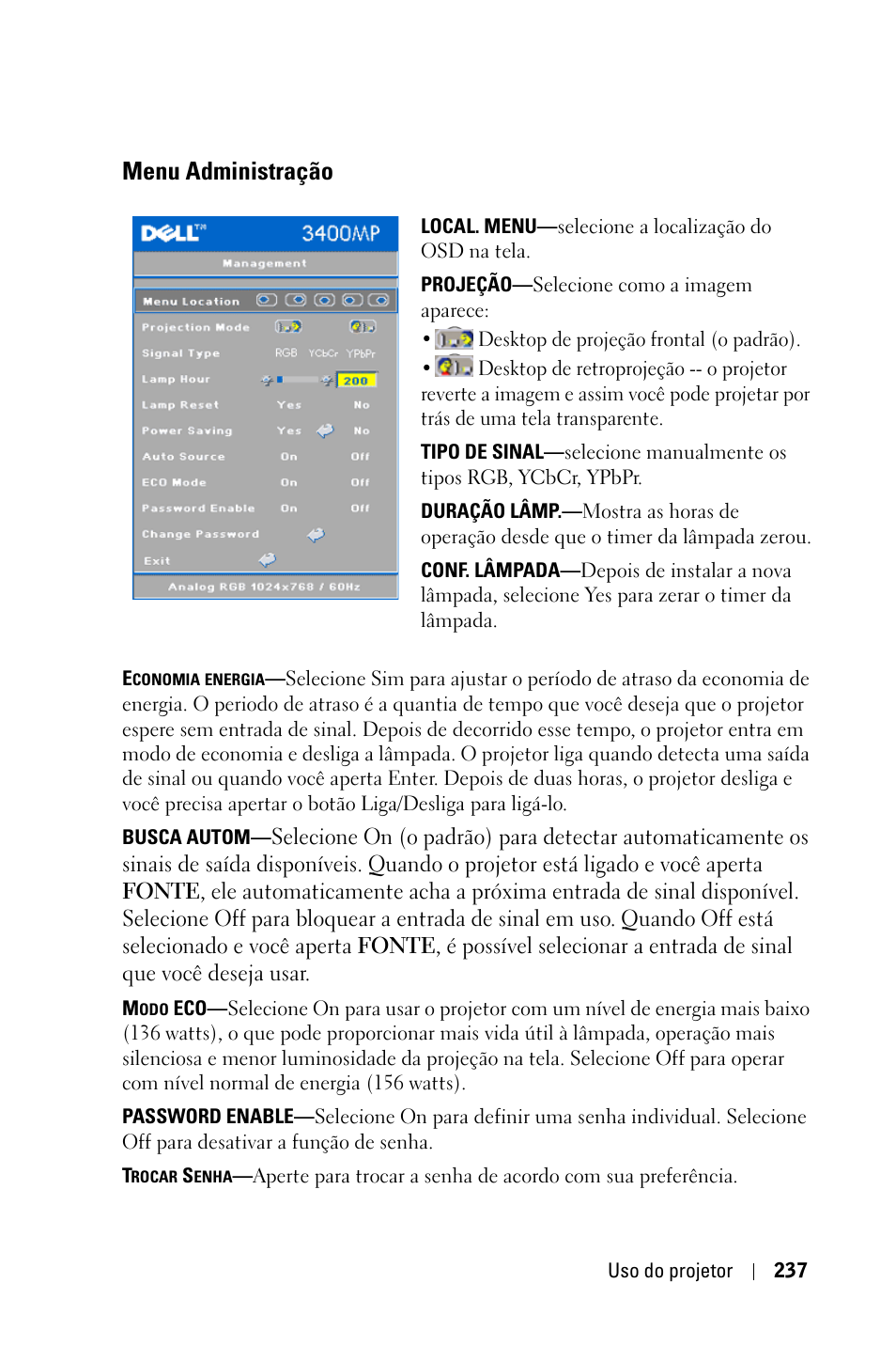 Menu administração | Dell 3400MP Projector User Manual | Page 237 / 292