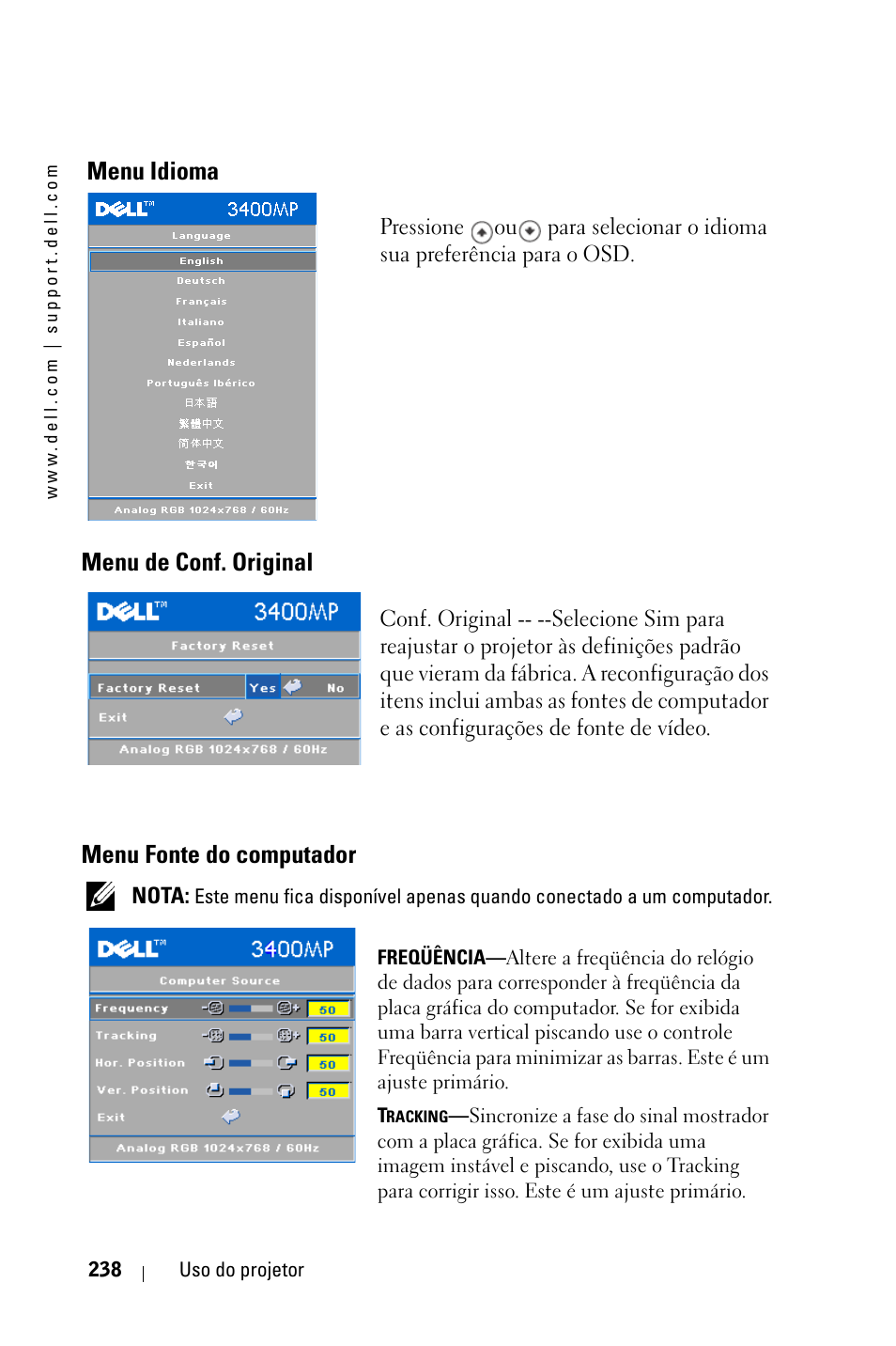 Menu idioma, Menu de conf. original, Menu fonte do computador | Dell 3400MP Projector User Manual | Page 238 / 292