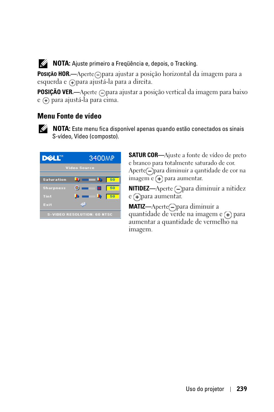 Menu fonte de vídeo | Dell 3400MP Projector User Manual | Page 239 / 292