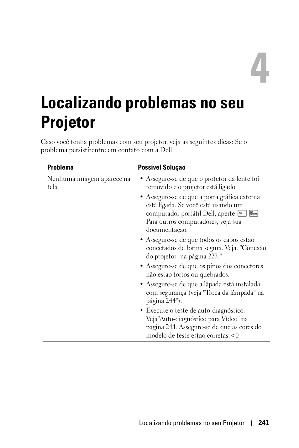 Localizando problemas no seu projetor | Dell 3400MP Projector User Manual | Page 241 / 292