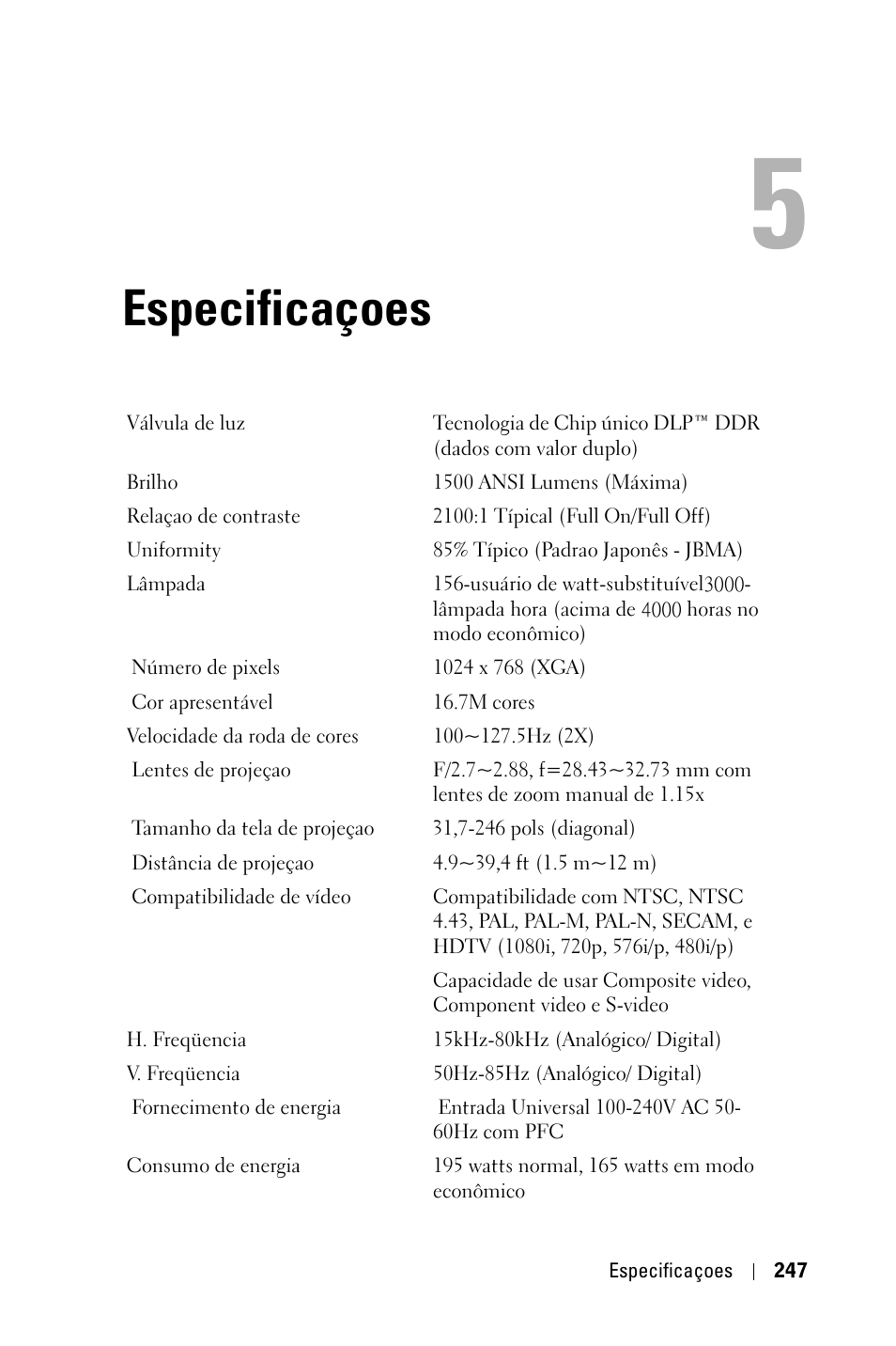 Especificaçoes | Dell 3400MP Projector User Manual | Page 247 / 292