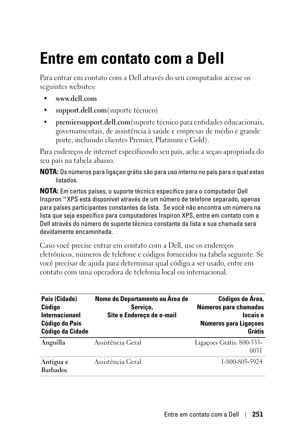 Entre em contato com a dell | Dell 3400MP Projector User Manual | Page 251 / 292