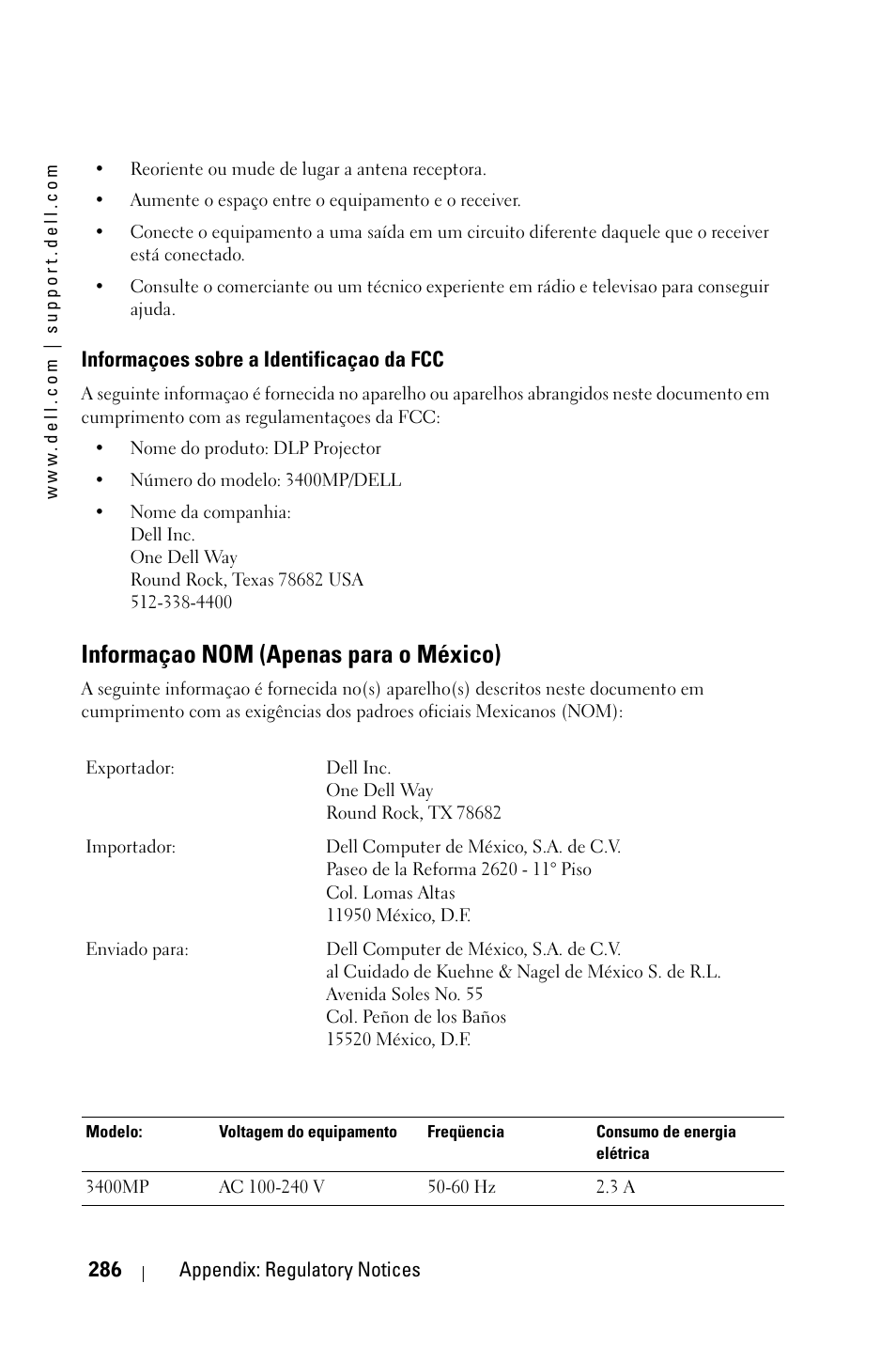 Informaçao nom (apenas para o méxico) | Dell 3400MP Projector User Manual | Page 286 / 292