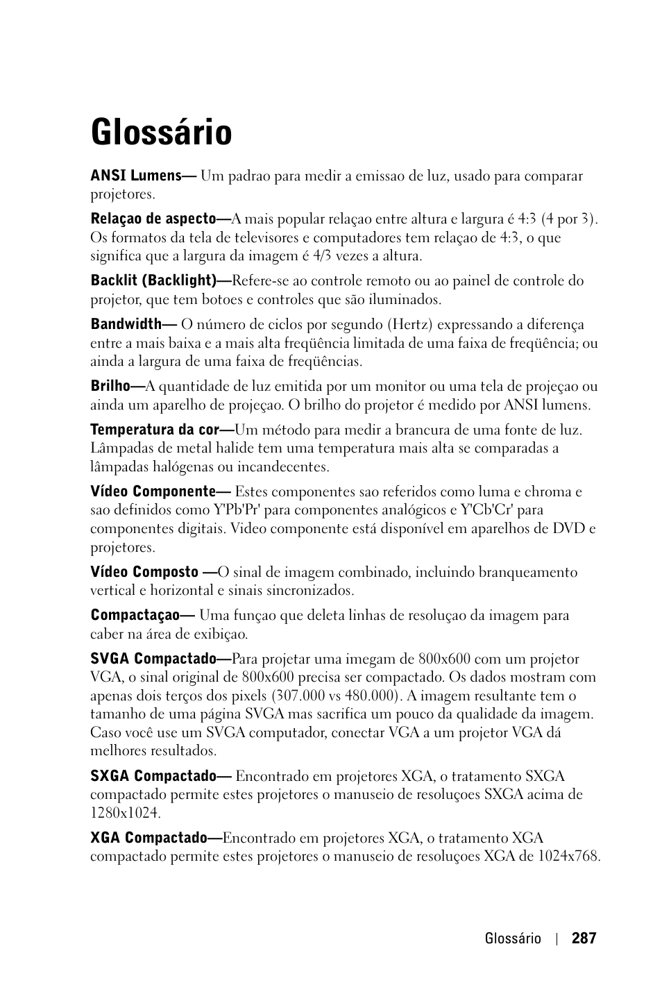 Glossário | Dell 3400MP Projector User Manual | Page 287 / 292