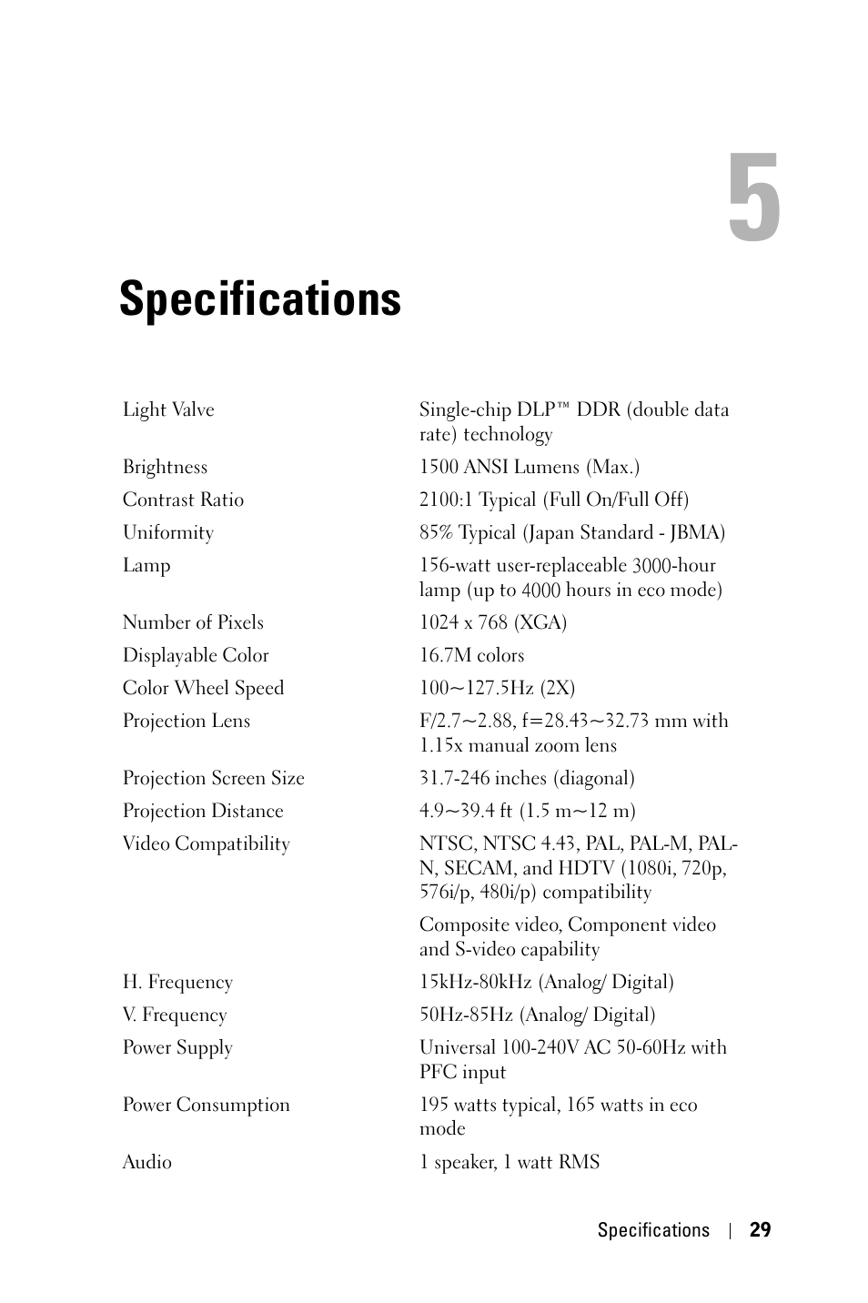 Specifications, Spécifications, Especificaçoes | Dell 3400MP Projector User Manual | Page 29 / 292