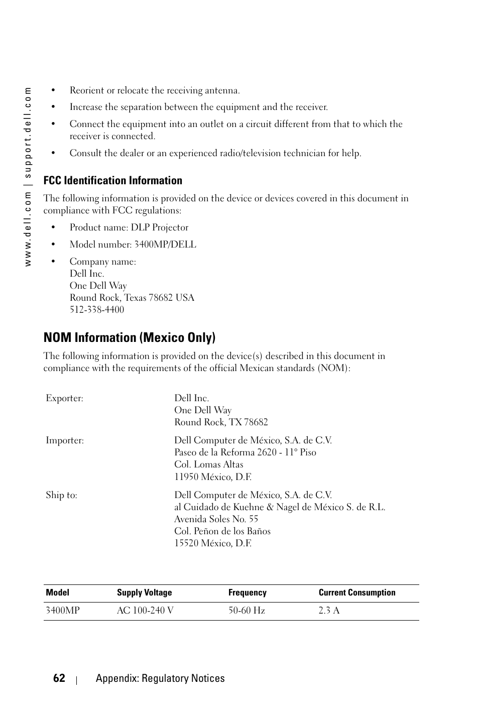 Nom information (mexico only), Information nom (mexique seulement), Informaçao nom (apenas para o méxico) | Dell 3400MP Projector User Manual | Page 62 / 292