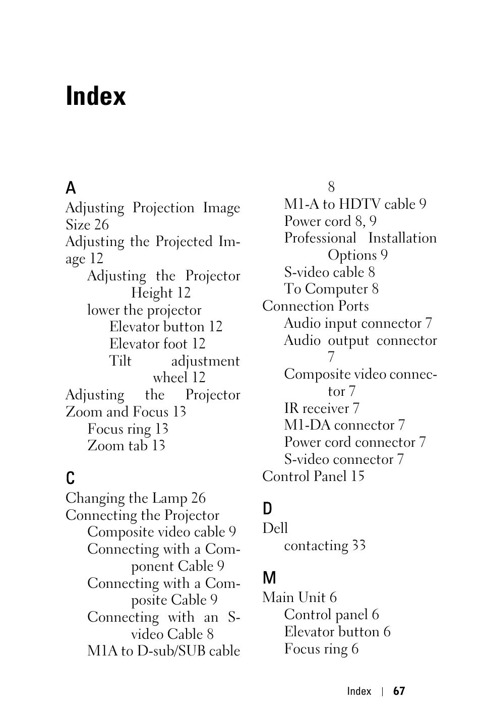 Index | Dell 3400MP Projector User Manual | Page 67 / 292