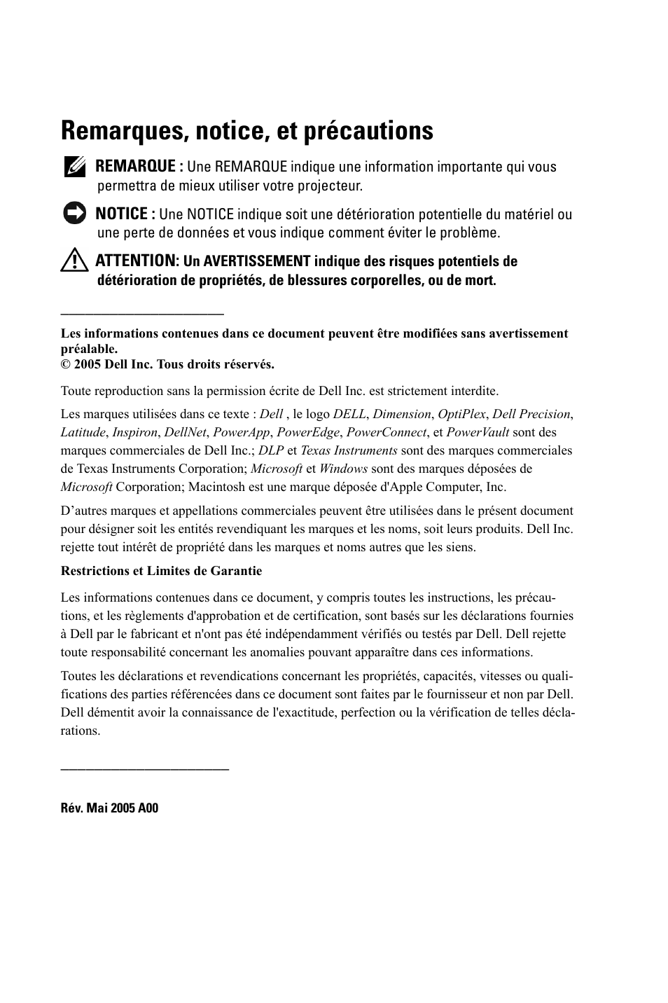 Remarques, notice, et précautions | Dell 3400MP Projector User Manual | Page 70 / 292