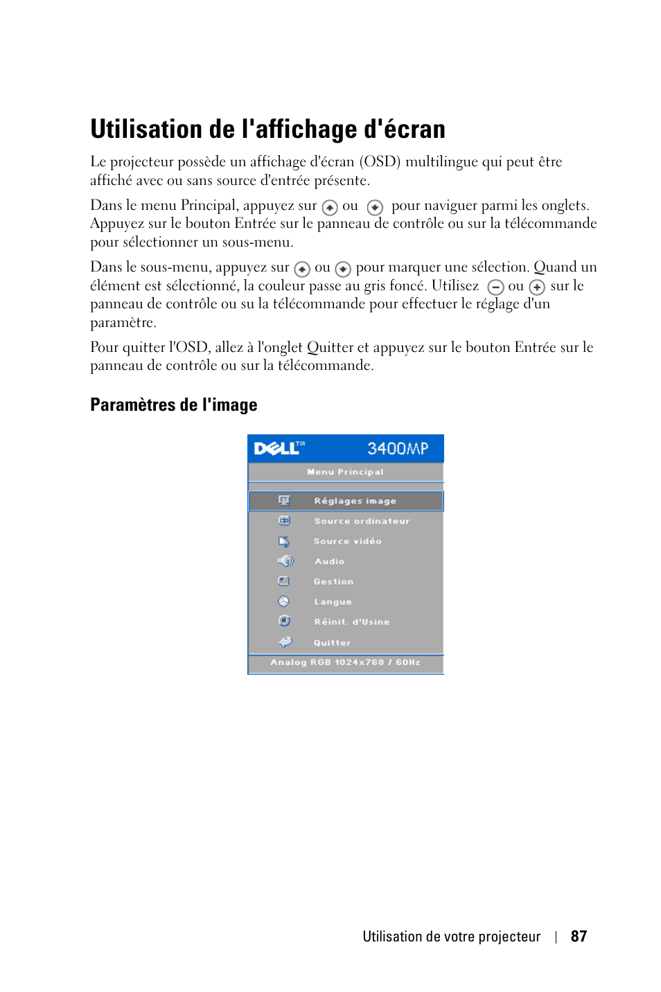 Utilisation de l'affichage d'écran | Dell 3400MP Projector User Manual | Page 87 / 292