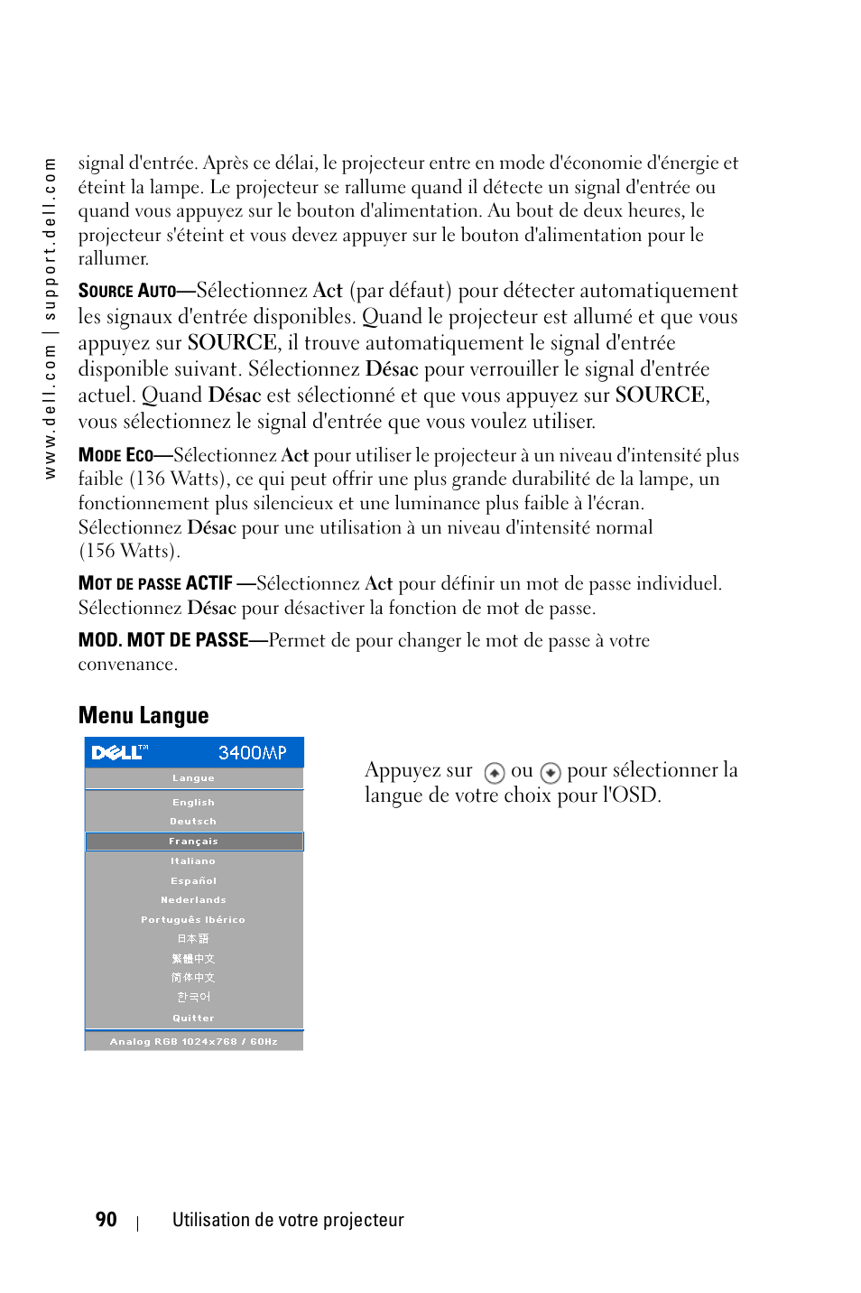 Menu langue | Dell 3400MP Projector User Manual | Page 90 / 292