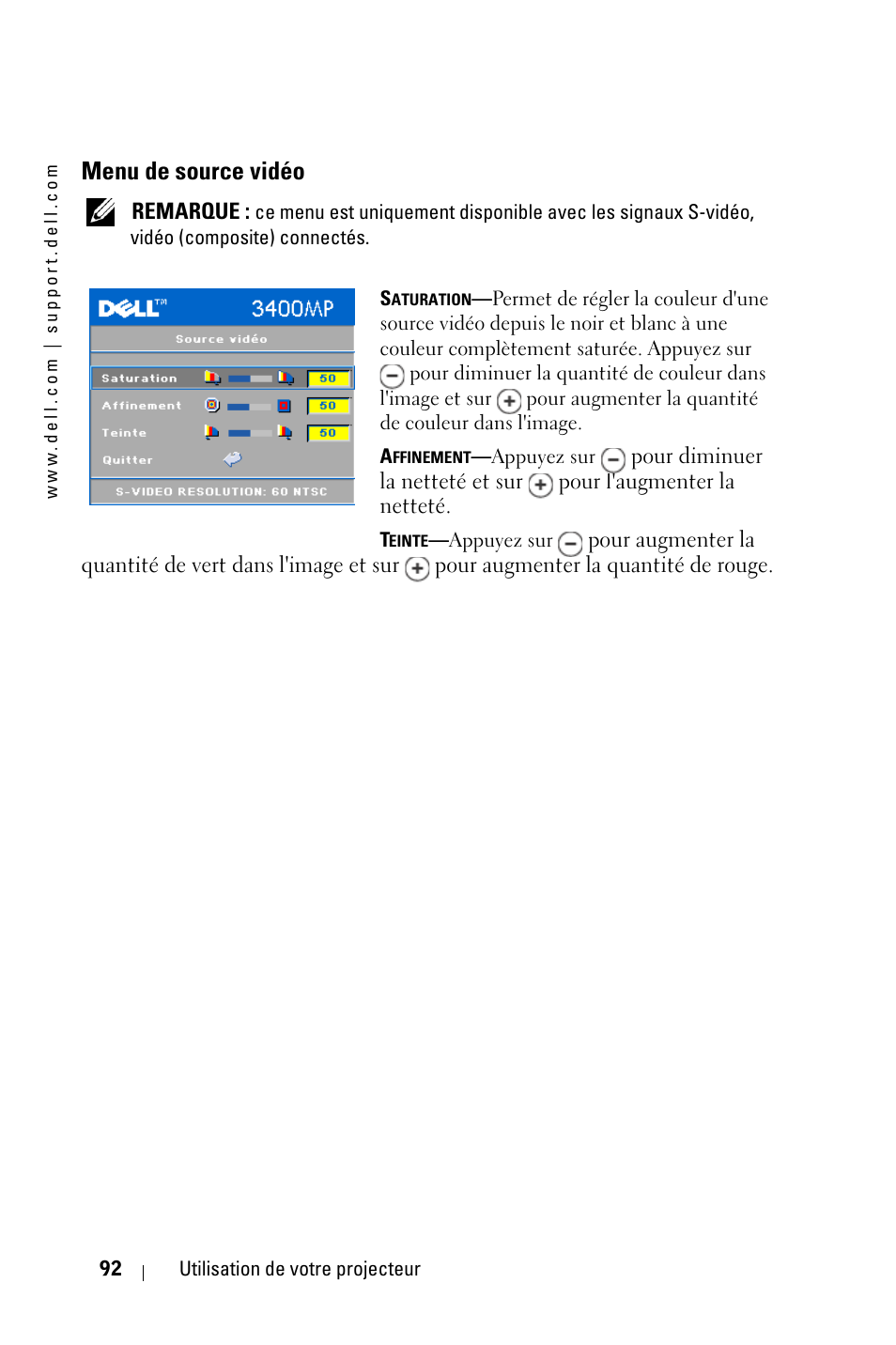 Menu de source vidéo | Dell 3400MP Projector User Manual | Page 92 / 292