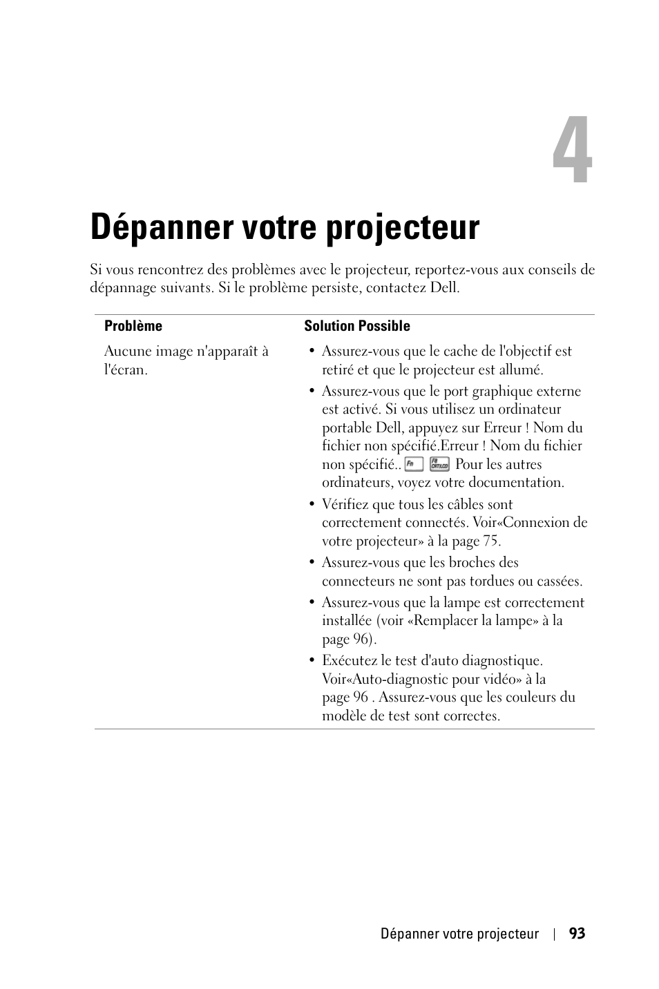 Dépanner votre projecteur | Dell 3400MP Projector User Manual | Page 93 / 292