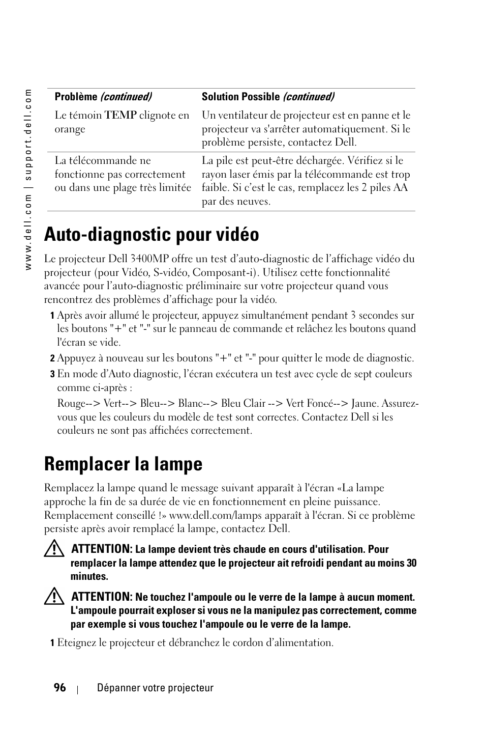 Auto-diagnostic pour vidéo, Remplacer la lampe | Dell 3400MP Projector User Manual | Page 96 / 292