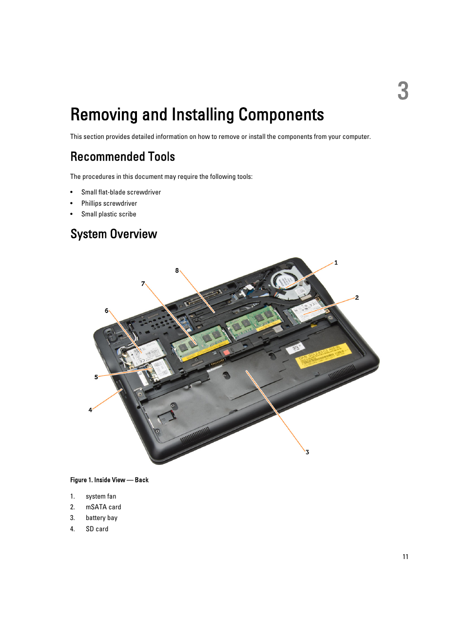 Removing and installing components, Recommended tools, System overview | 3 removing and installing components | Dell Latitude E7240 (Mid 2013) User Manual | Page 11 / 59
