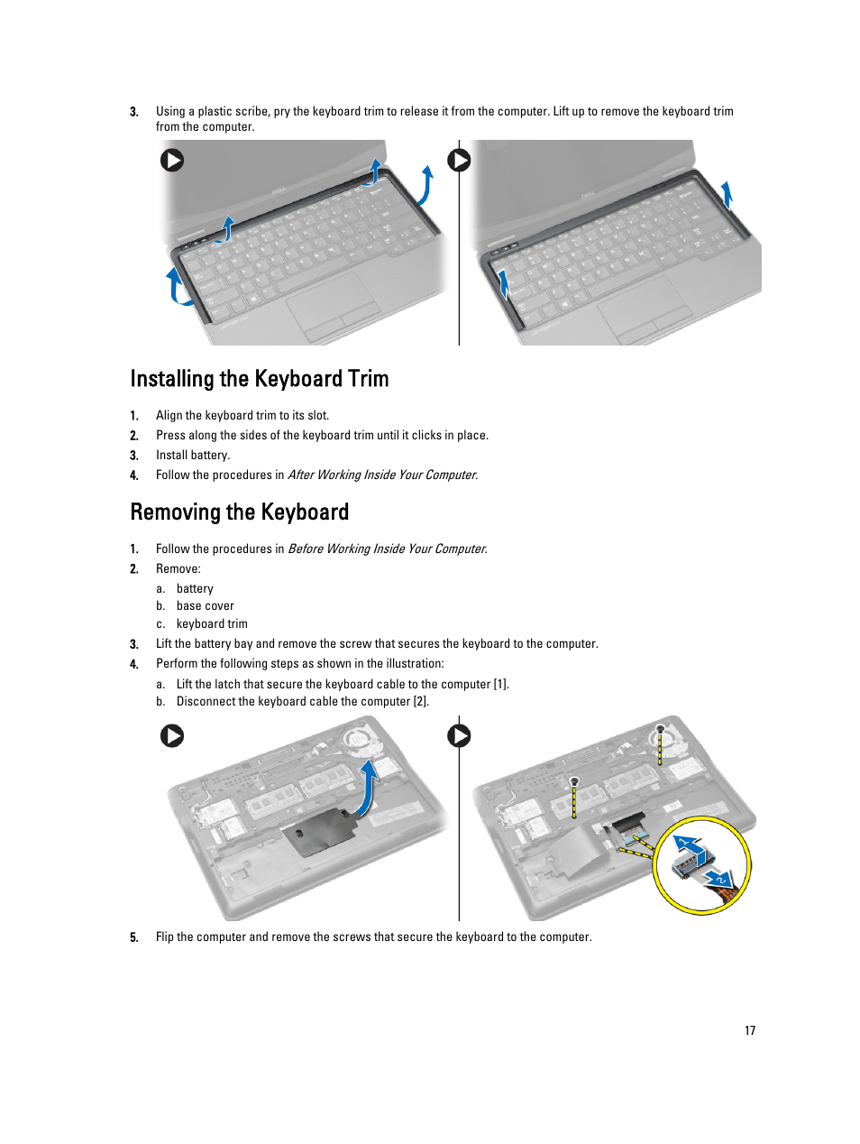 Installing the keyboard trim, Removing the keyboard | Dell Latitude E7240 (Mid 2013) User Manual | Page 17 / 59