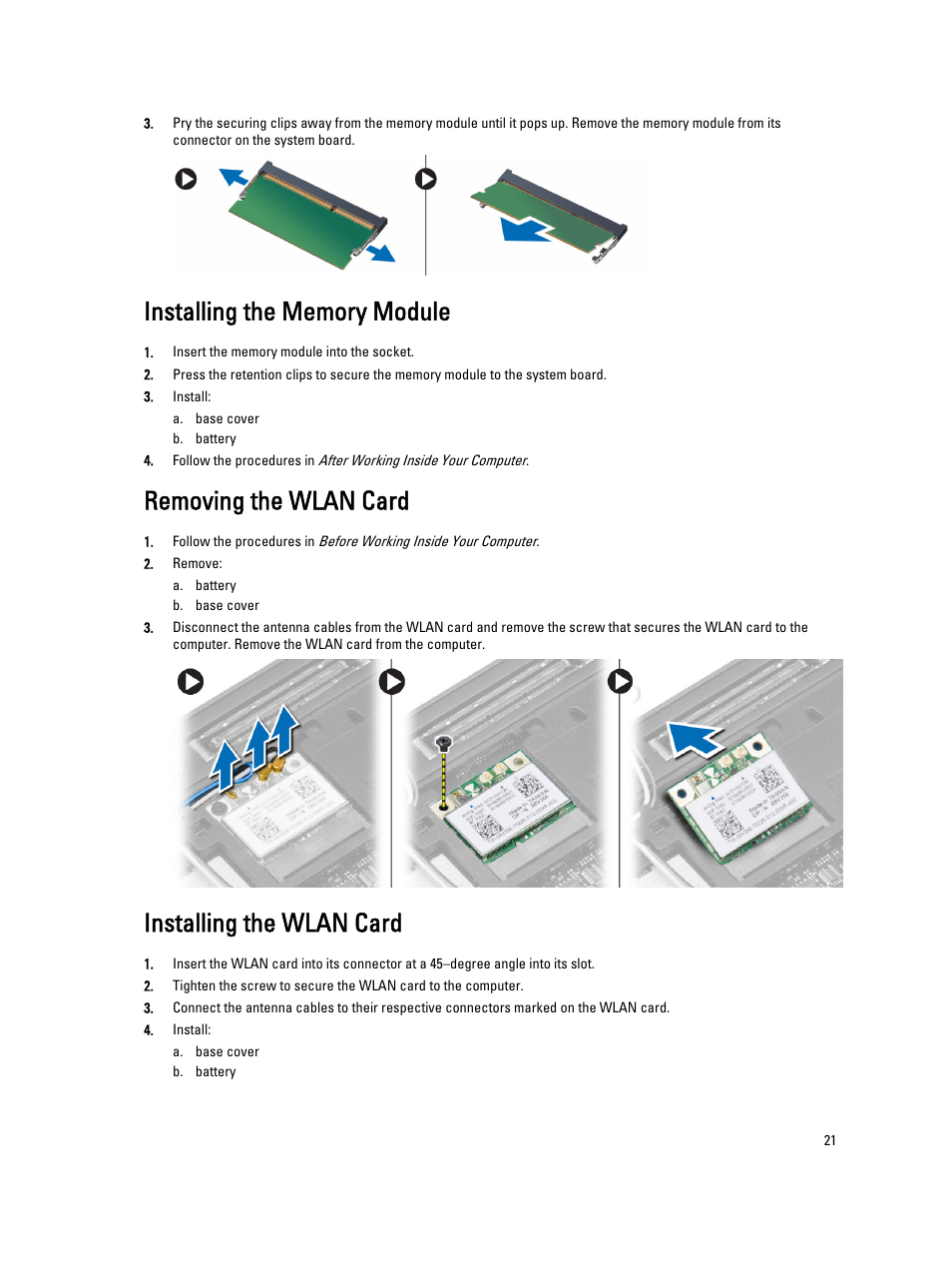 Installing the memory module, Removing the wlan card, Installing the wlan card | Dell Latitude E7240 (Mid 2013) User Manual | Page 21 / 59
