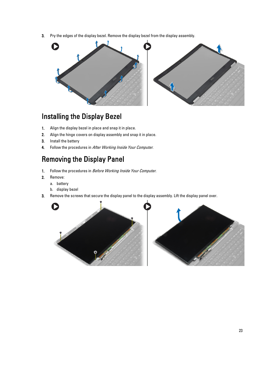 Installing the display bezel, Removing the display panel | Dell Latitude E7240 (Mid 2013) User Manual | Page 23 / 59