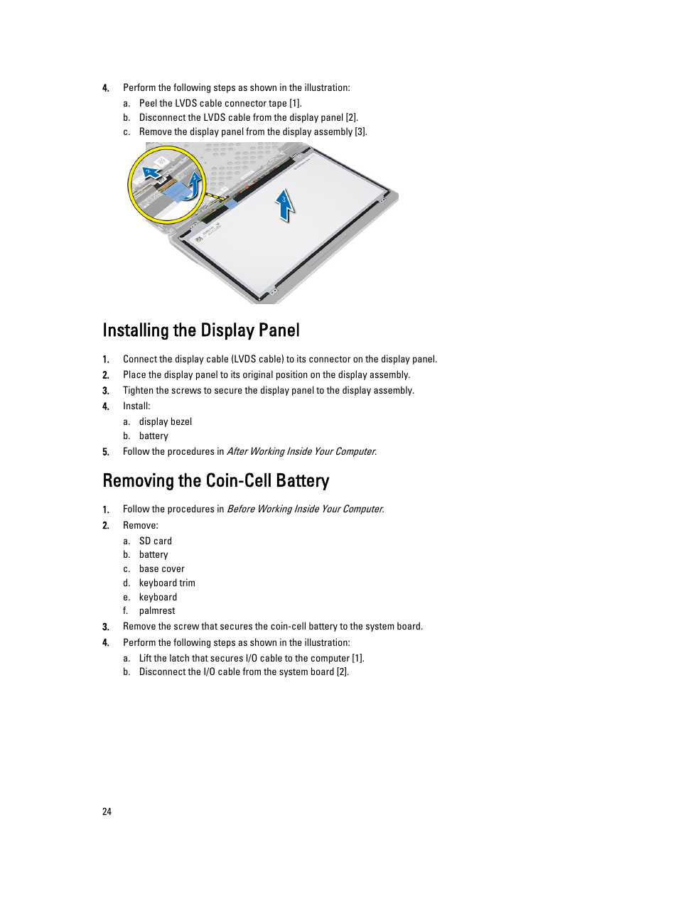 Installing the display panel, Removing the coin-cell battery | Dell Latitude E7240 (Mid 2013) User Manual | Page 24 / 59