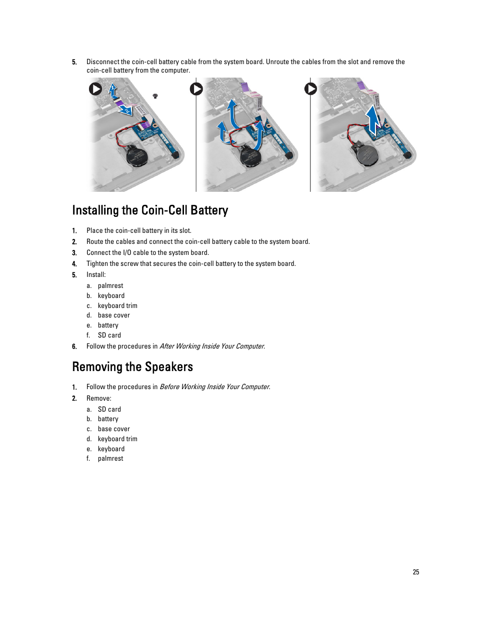 Installing the coin-cell battery, Removing the speakers | Dell Latitude E7240 (Mid 2013) User Manual | Page 25 / 59